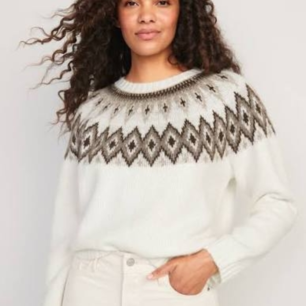 Old Navy Cream Sweater with Brown Geometric Design